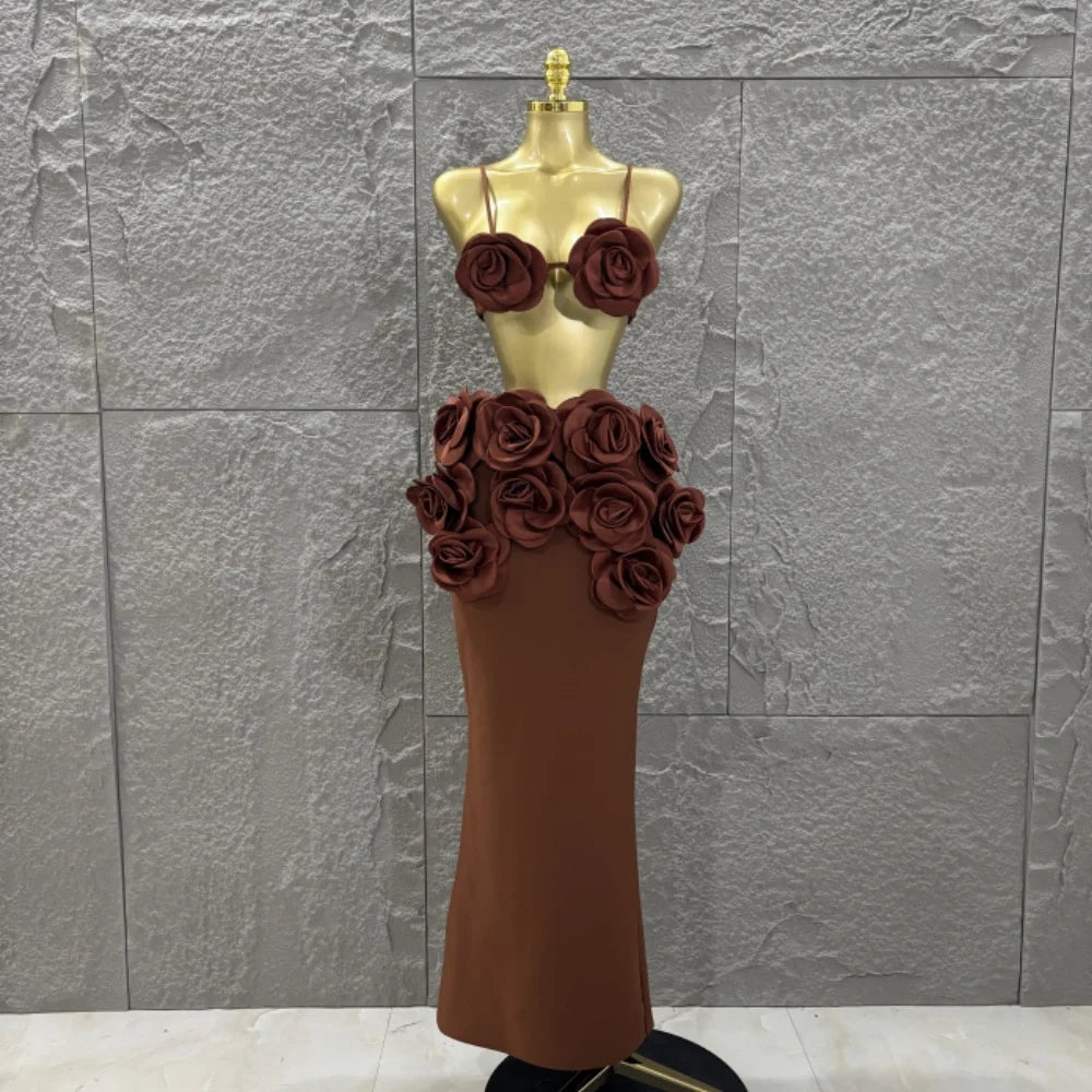 Hot Sale Women Sexy Strap Florlas 2 Pieces Bodycon Long Bandage Dress Nightclub Party Bar Singer Celebrate Birthday Outfit