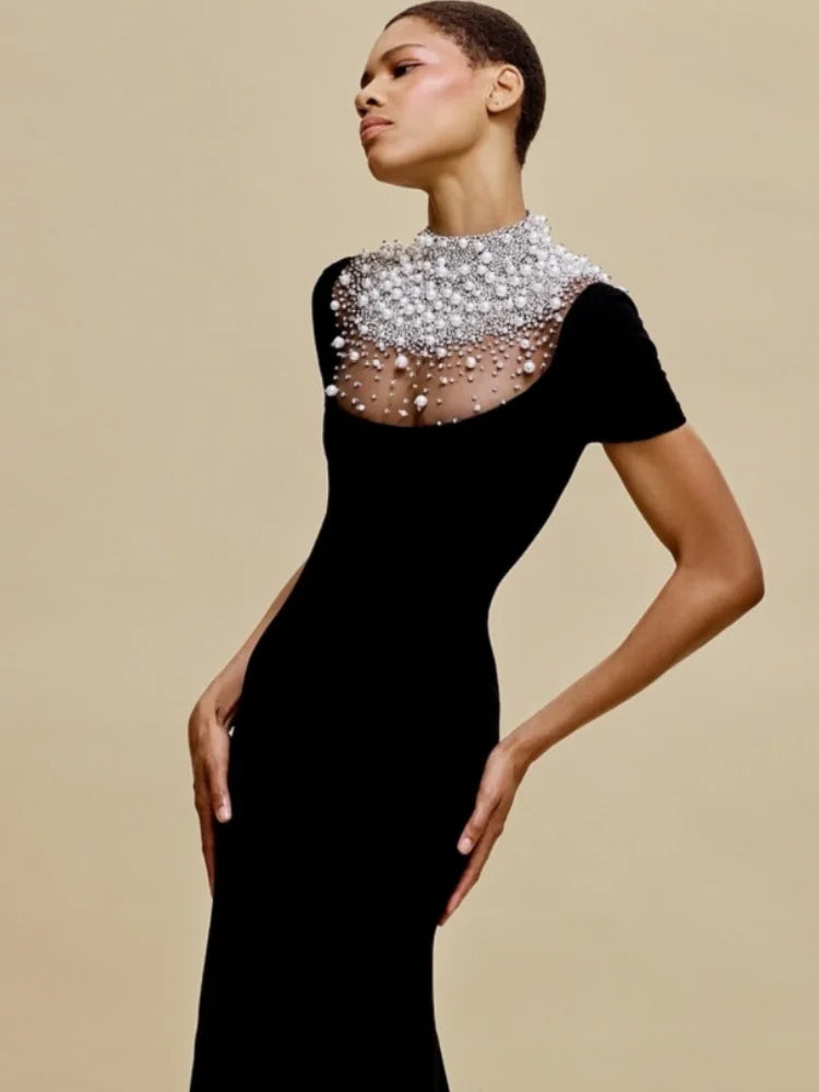 High Quality Women Short Sleeve Pearl Beading Velvet Bodycon Long Dress Elegant Evening Party Celebrate Cocktail  Dress