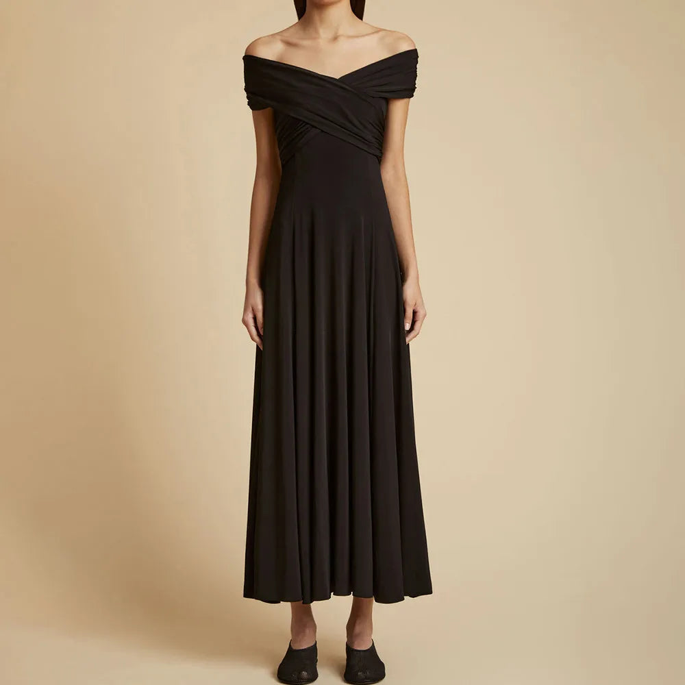 TWOTWINSTYLE Solid Minimalist A Line Dresses For Women Slash Neck High Waist Patchwork Folds Slimming Dress Female Fashion New