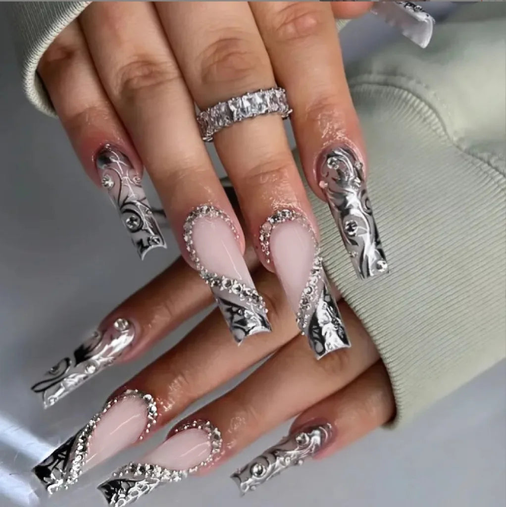 24Pcs Mid-length Lipstick Type Fake Nails Black Gold Stripes Press on Nail Long French Manicure Wearable Acrylic Nails Tips Art