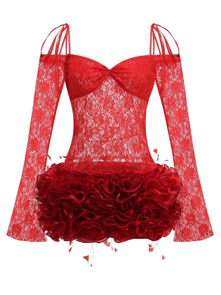 Red Color Women Long Sleeve Sexy Lace 2 Pieces Bodycon Mini Dress Florals Celebrate Nightclub Party Bar Dancer Stage Wear