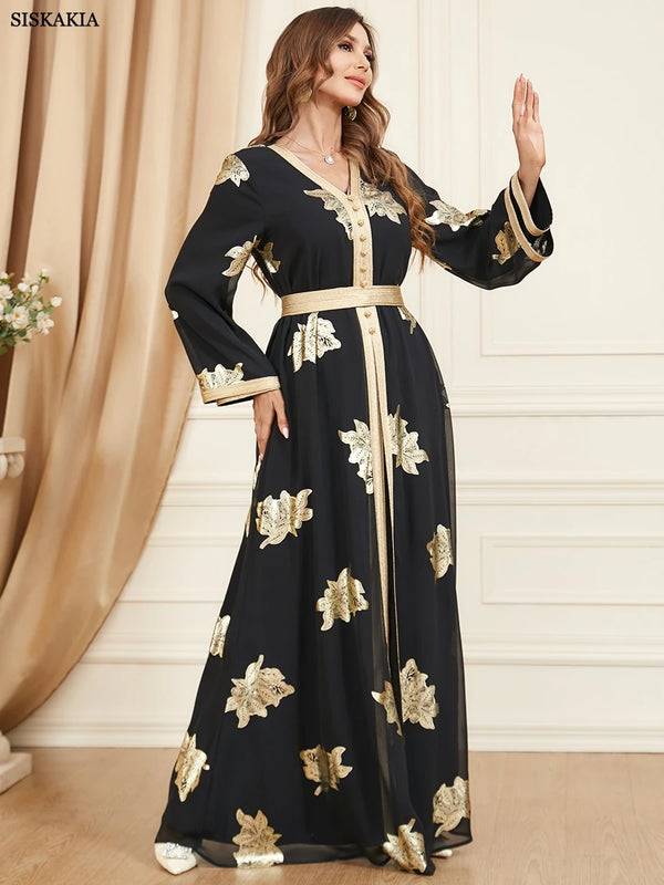 Elegant Casual Chiffon Turkish Abayas For Women Muslim 2 Pieces Set Gold Stamping Full Sleeve Belted Kaftan Gorgeous Party Style