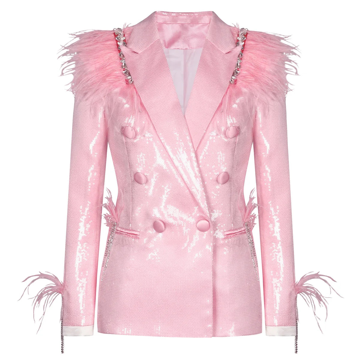 TWOTWINSTYLE Solid Loose Spliced Feather Blazer for Women Lapel Long Sleeves Patchwork Sequins Fashion Coat Female Clothing New