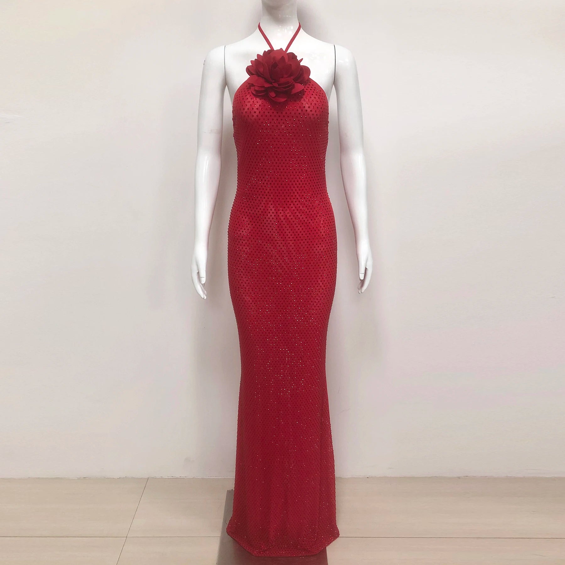 Shinning Rhinestones Women Sexy Halter Backless Bodycon Long Dress Celebrate Fashion Evening Party Birthday Christmas Outfit