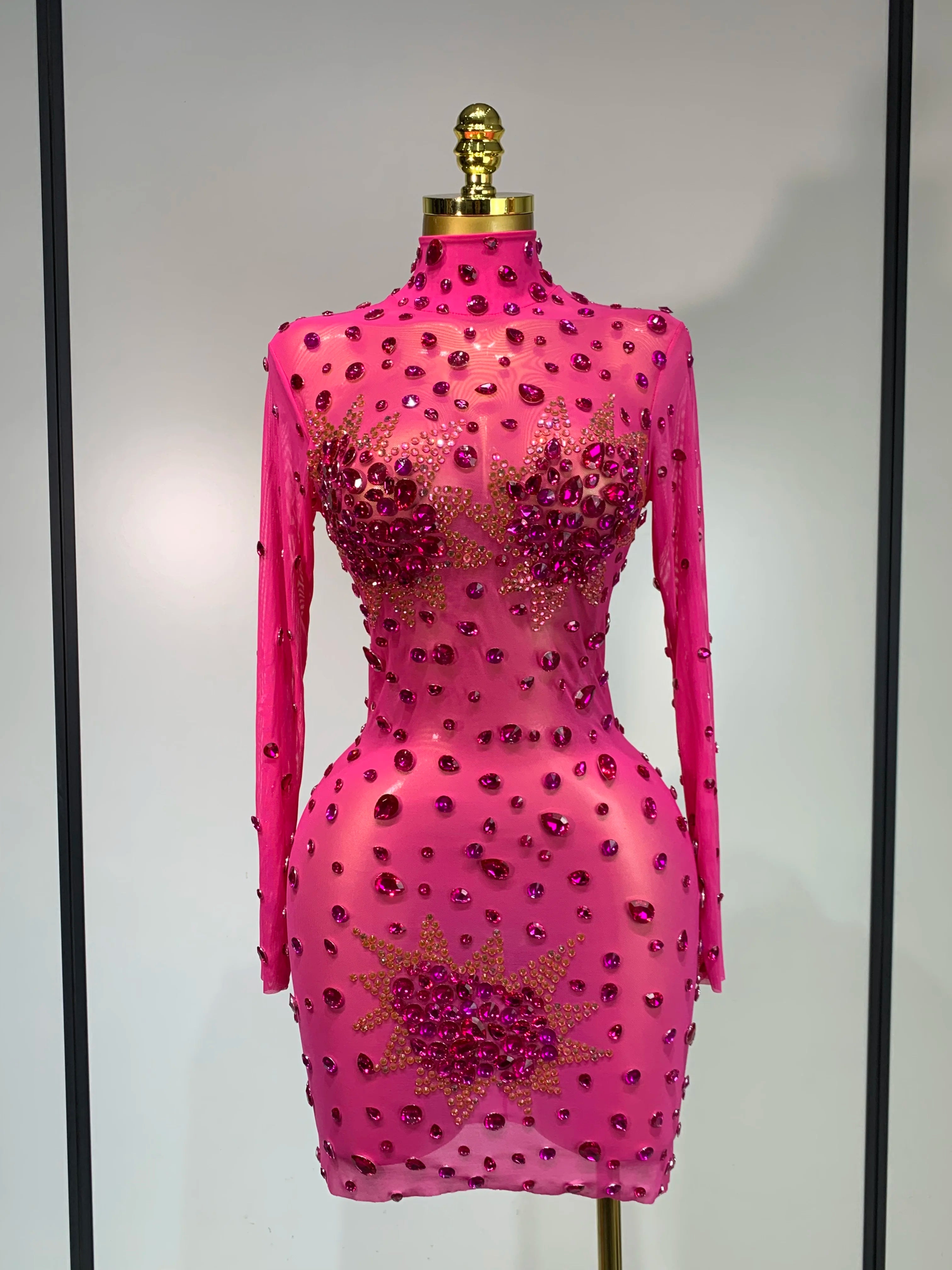 Women Sexy Gold Rhinestones Sparkly See Through Mini Dress Evening Party Fashion Performance Stage Outfit Luxury Birthday Dress