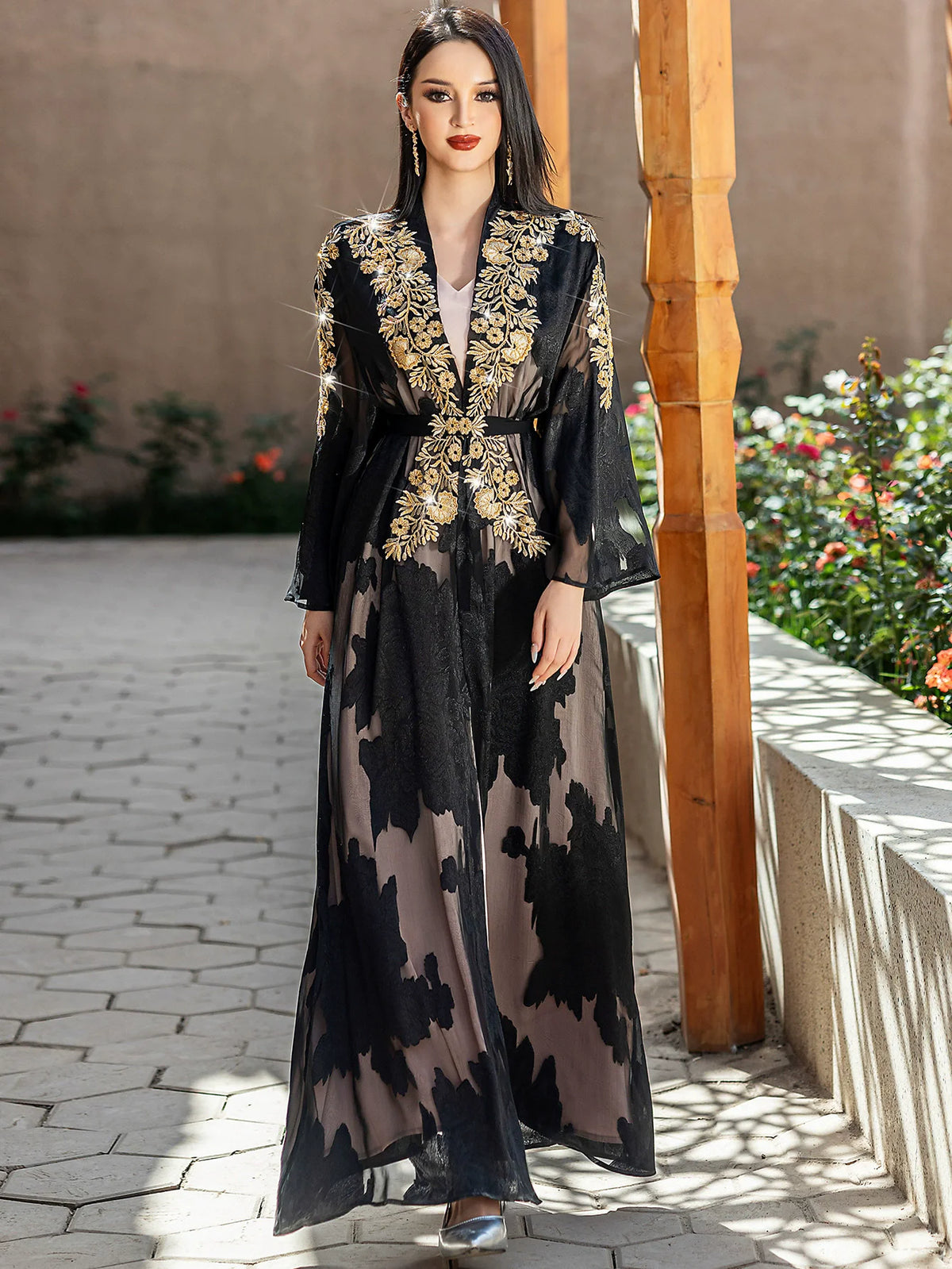 Ramadan Muslim Fashion Women's Black Gold Lace Embroidered Two Piece Set with Belt Robe Light and Elegant Middle Eastern Spot