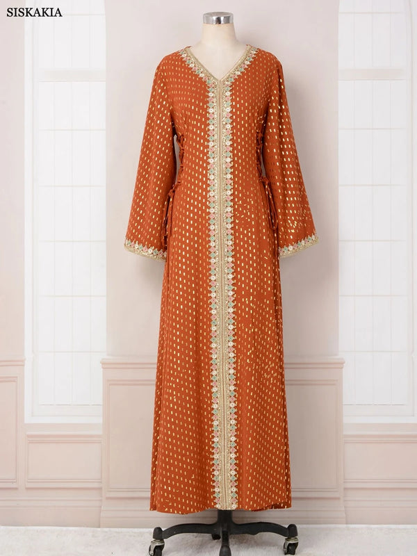 Fashion Gold Stamping Belted Abaya Dubai Islamic Clothing Tape Trim Long Sleeve V-Neck Elegant Women Dress Arab Caftan