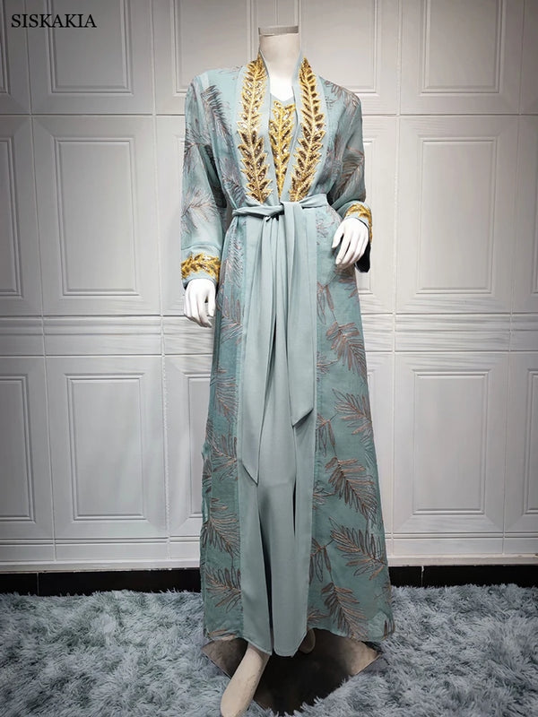 Sequined Embroidery Dubai Abaya Muslim Sets Belted Kaftan Party Robe Femme Musulmane Caftan Marocain Women's Jalabiya Ramadan