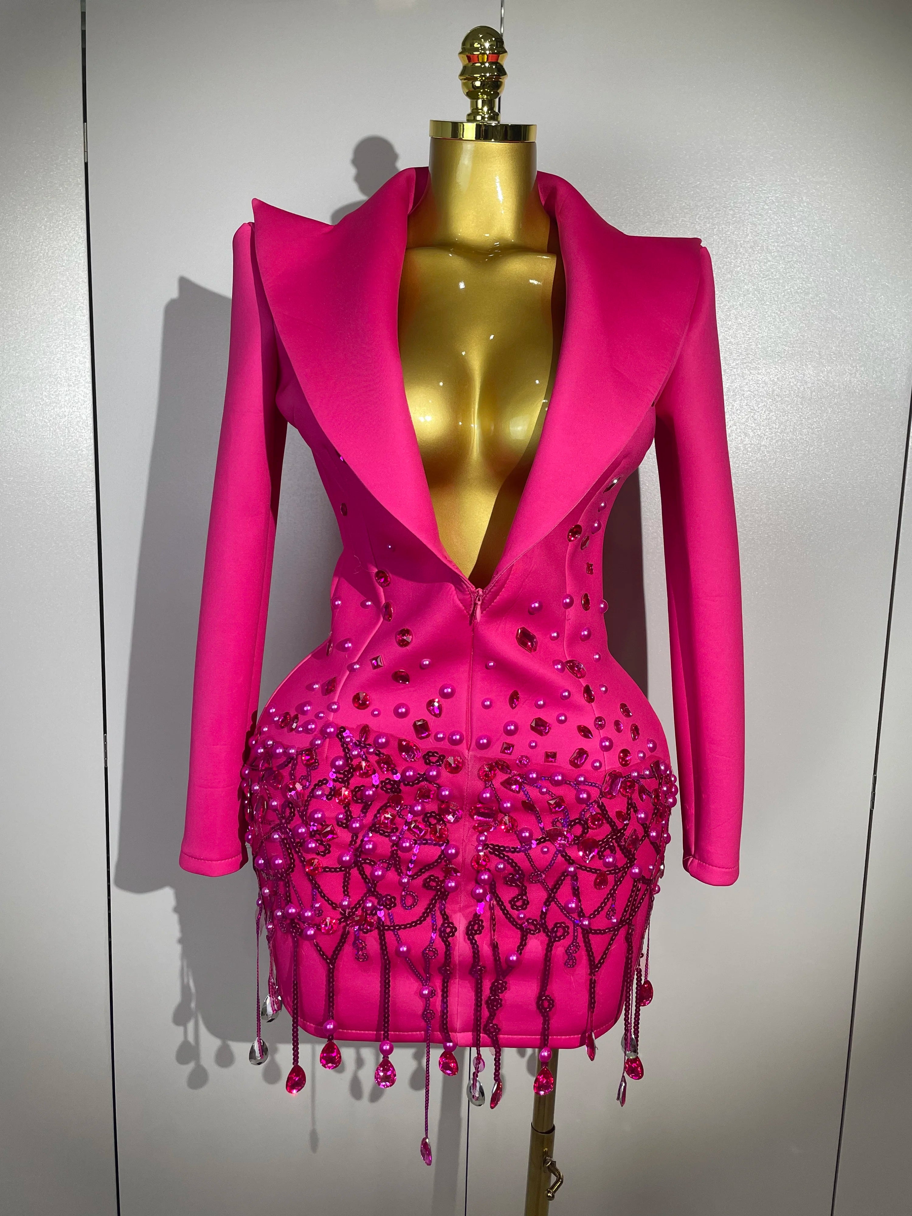 2025 Sparkly Crystal Chains Pearls Long Sleeve Mini Dress Women Birthday Evening Party Nightclub Outfit Singer Wedding Costume