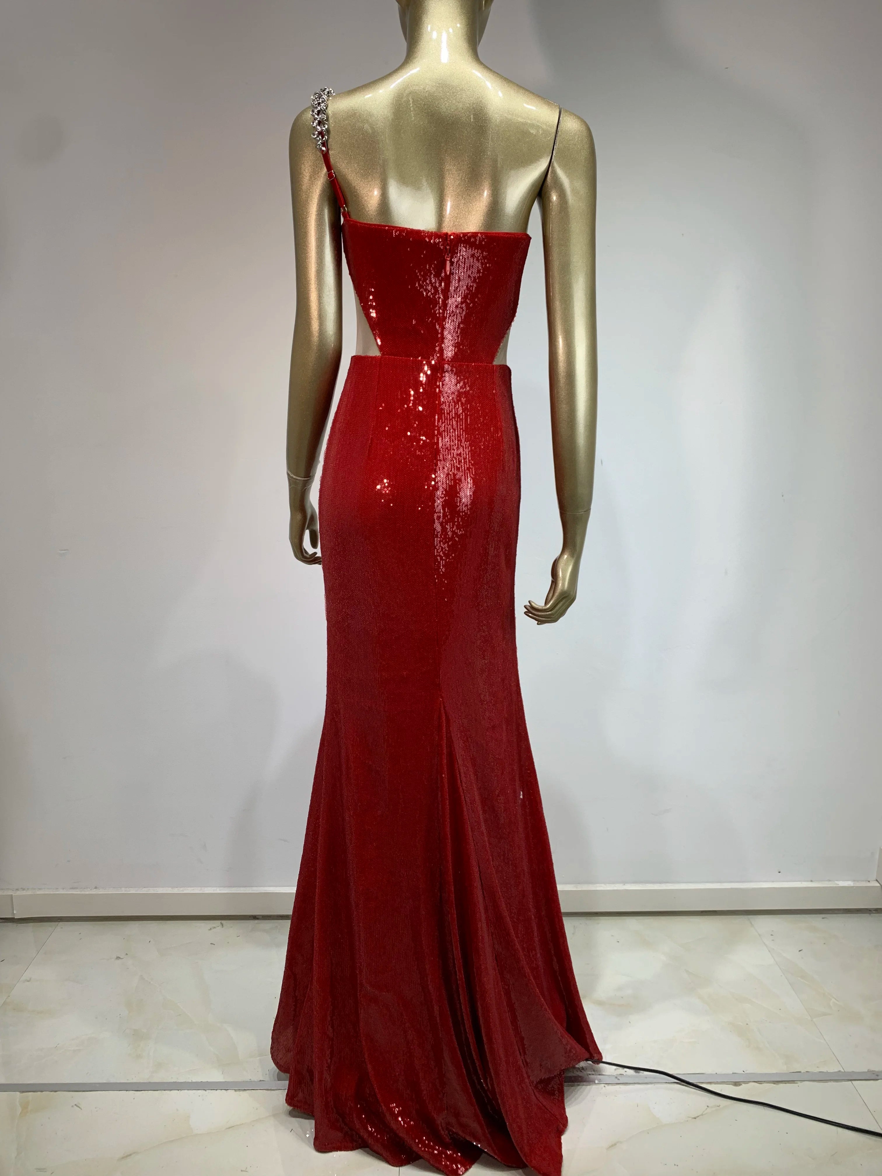 Sexy One Shoulder Cut Out Red Mesh Sequins Red Maxi Long Women Celebrity Dress Elegant Party Evening Club Vestido