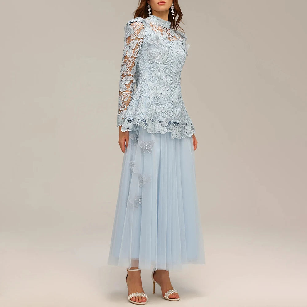 TWOTWINSTYLE Solid Two Piece Sets for Women Stand Collar Long Sleeve Spliced Applique Top High Wasit Patchwork Mesh Skirt Female
