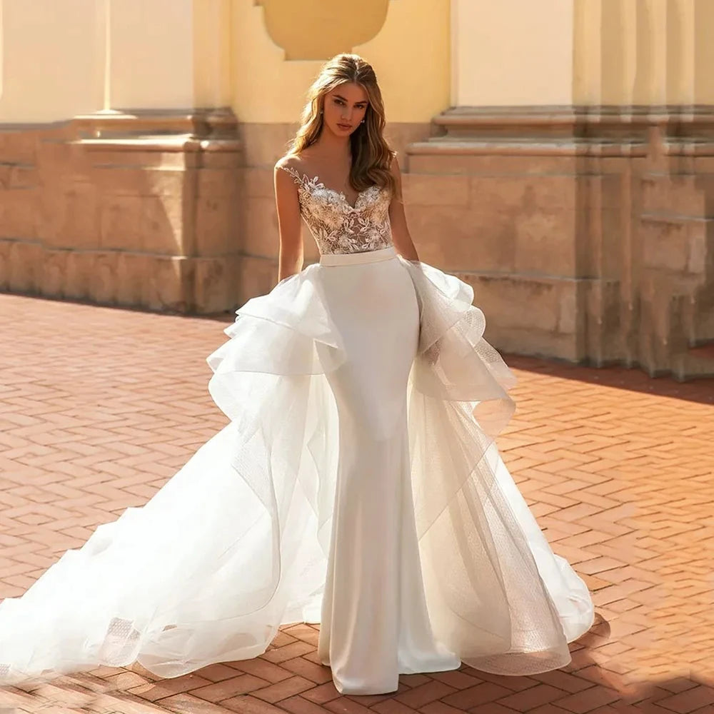 Abiti da sposa affascinanti abiti da sposa a cuore appliques in pizzo maniche sirene senza schiena abiti di lusso di lusso Vestidos de nolia