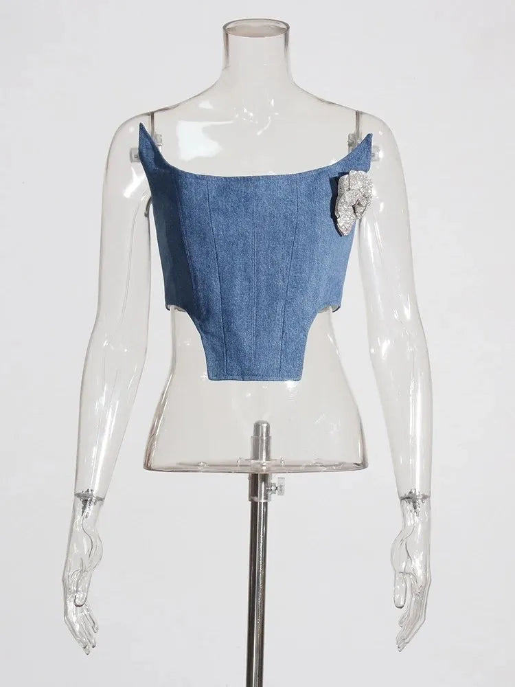 TWOTWINSTYLE Denim Irregular Vests For Women Slash Neck Sleeveless Patchwork Appliques Slimming Vintage Vest Female Fashion 2023