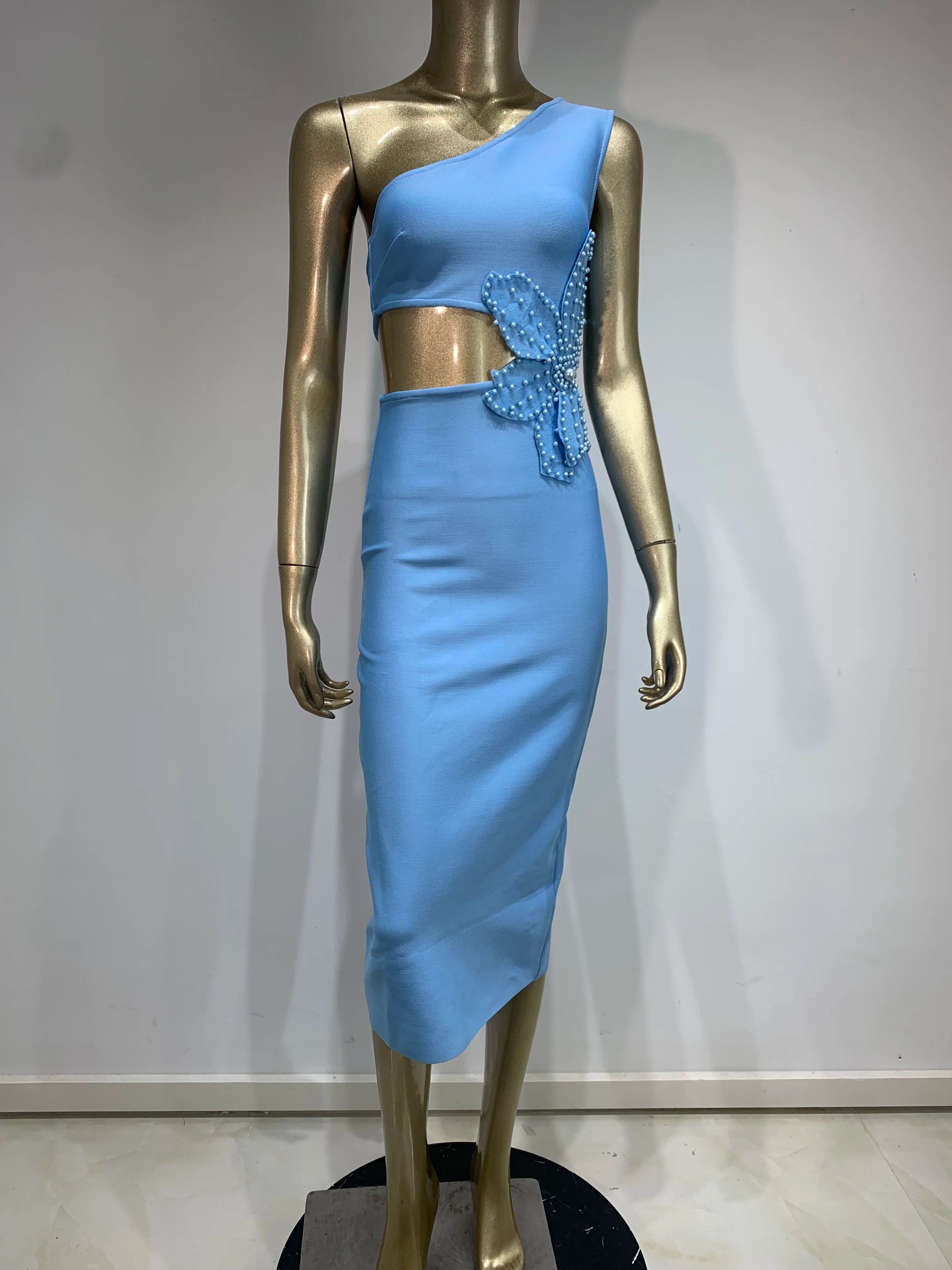 Bandage Dress Women Celebrity Sexy One Shoulder Cut Out Sky Blue Flower Midi Bodycon Elegant Evening Club Party Dress