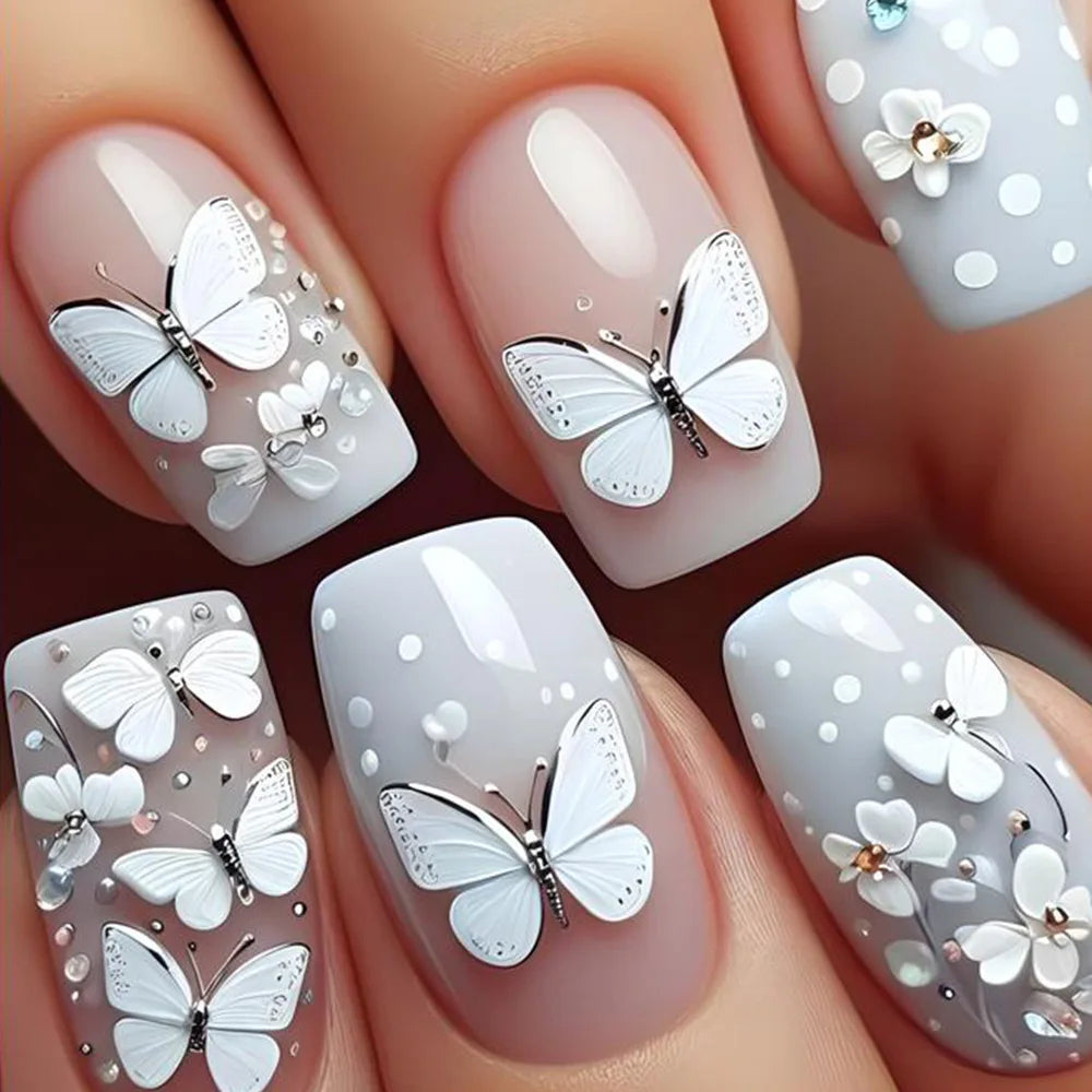 Fake Nails Full Cover Leaf Butterfly Design Art with Glue Wearing French Ballet False Nails Detachable Mid-length Manicure 24Pcs