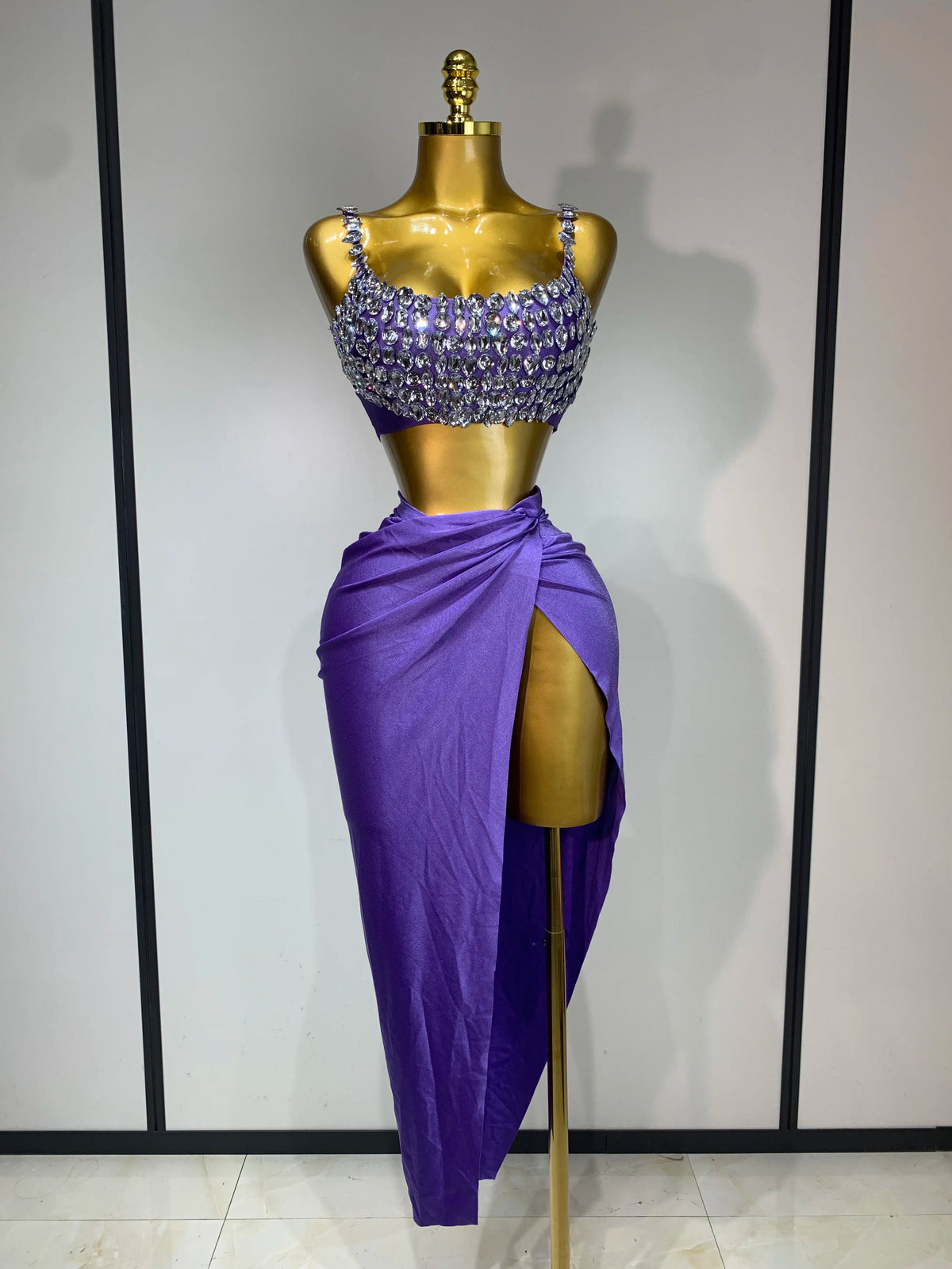 Women Sexy Two Pieces Set Stretched Crystal Diamonds Nightclub Singer Dancer Stage Performance Costume Evening Party Skirt Suits