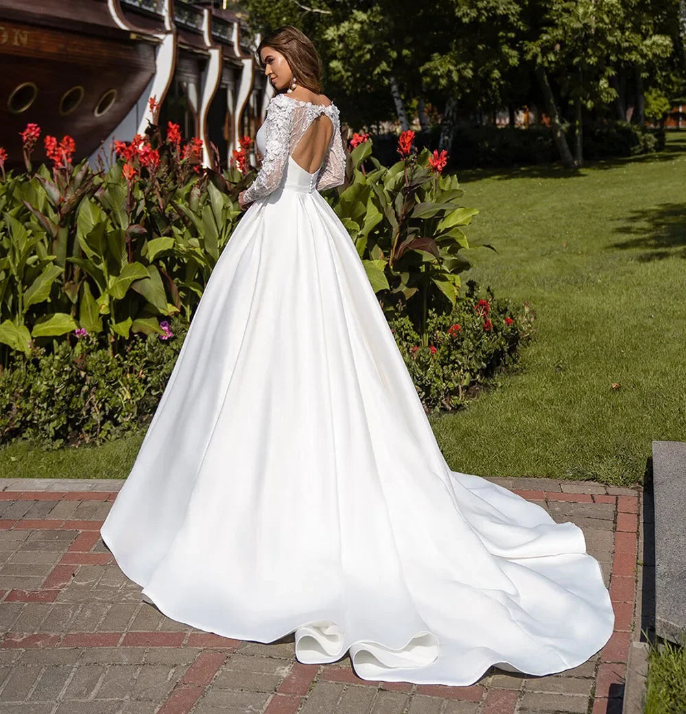 Long Sleeves Wedding Dresses Satin Open Back A-Line Dubai Wedding Gown With Belt Women Long Bridal Dress Vestidos De Novia