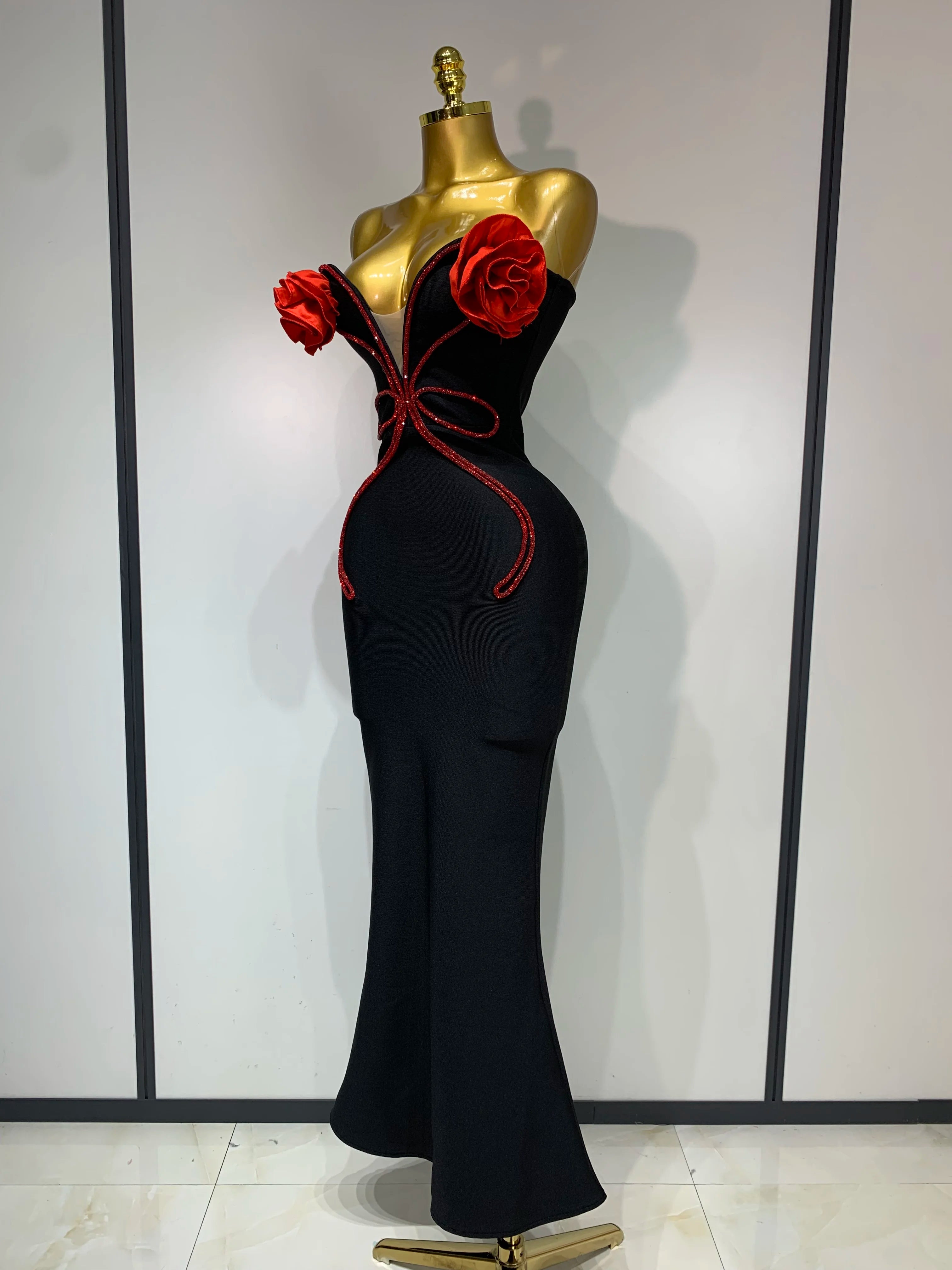 Sexy Strapless Flower Appliques Sexy Diamond Bodycon Bandage Mermaid Dress Celebrity Evening Runway Party Club Birthday Dress
