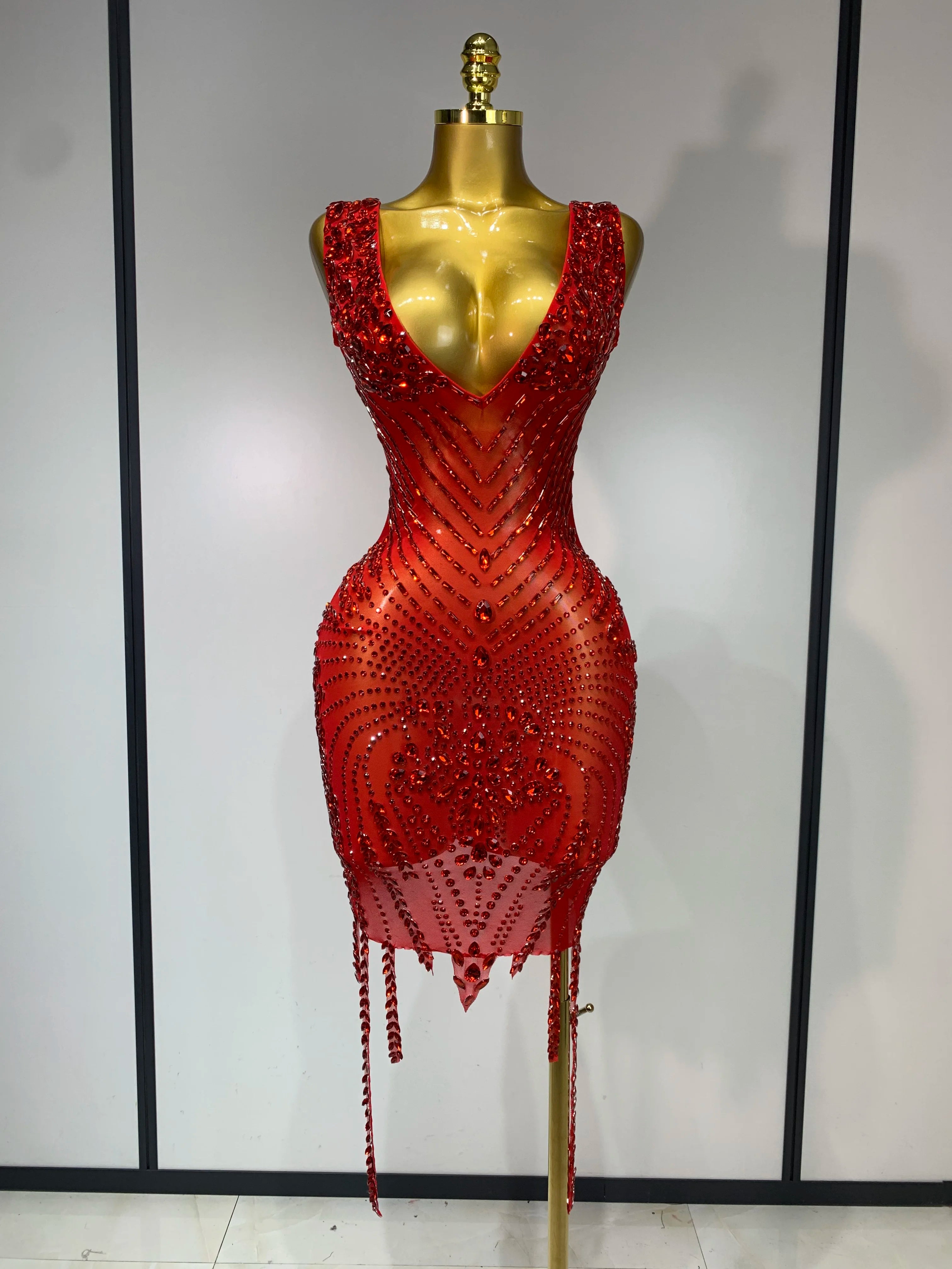 Women Sexy Stage Performance Outfit Sparkly Rhinestones Bodycon Dress Birthday Celebrate Evening Party Nightclub Mesh Dress