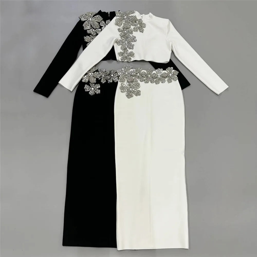 Black Color Women Long Sleeve Sexy Diamond Flowers 2 Pieces Bodycon Long Bandage Dress Celebrate Nightclub Party Outfit Vestido