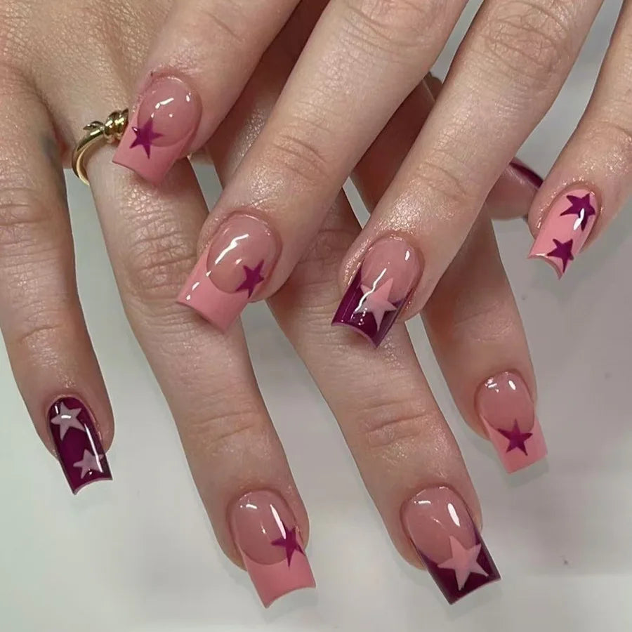 Pink Purple False Nails Y2K Press on Nails Full Cover French Ballet Fake Nails Tips for Women Girls Halloween Christmas Party