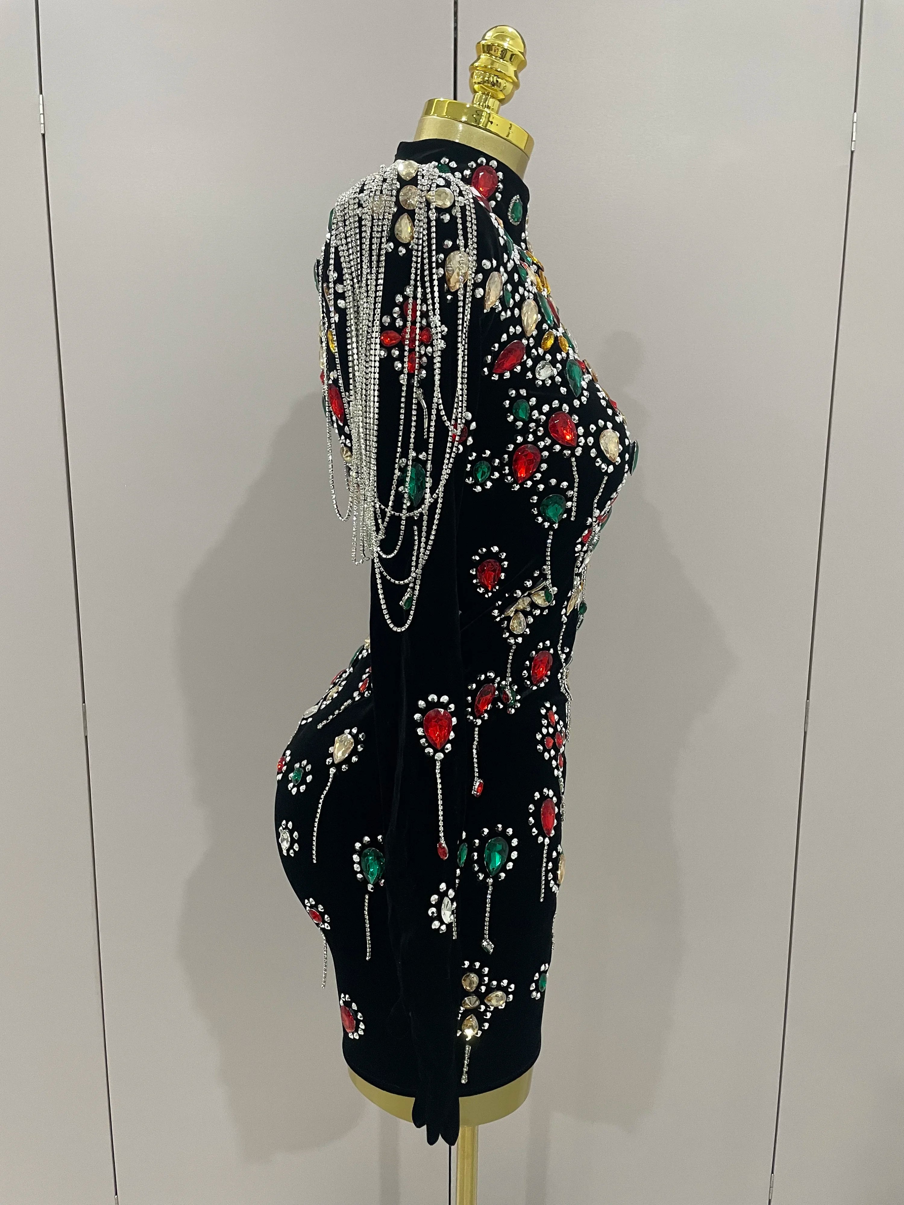 Sexy Sparkle Multicolor Rhinestones Black Velvet Gloves Slit Short Dress 2025New Women Evening Birthday Party Club Stage Costume