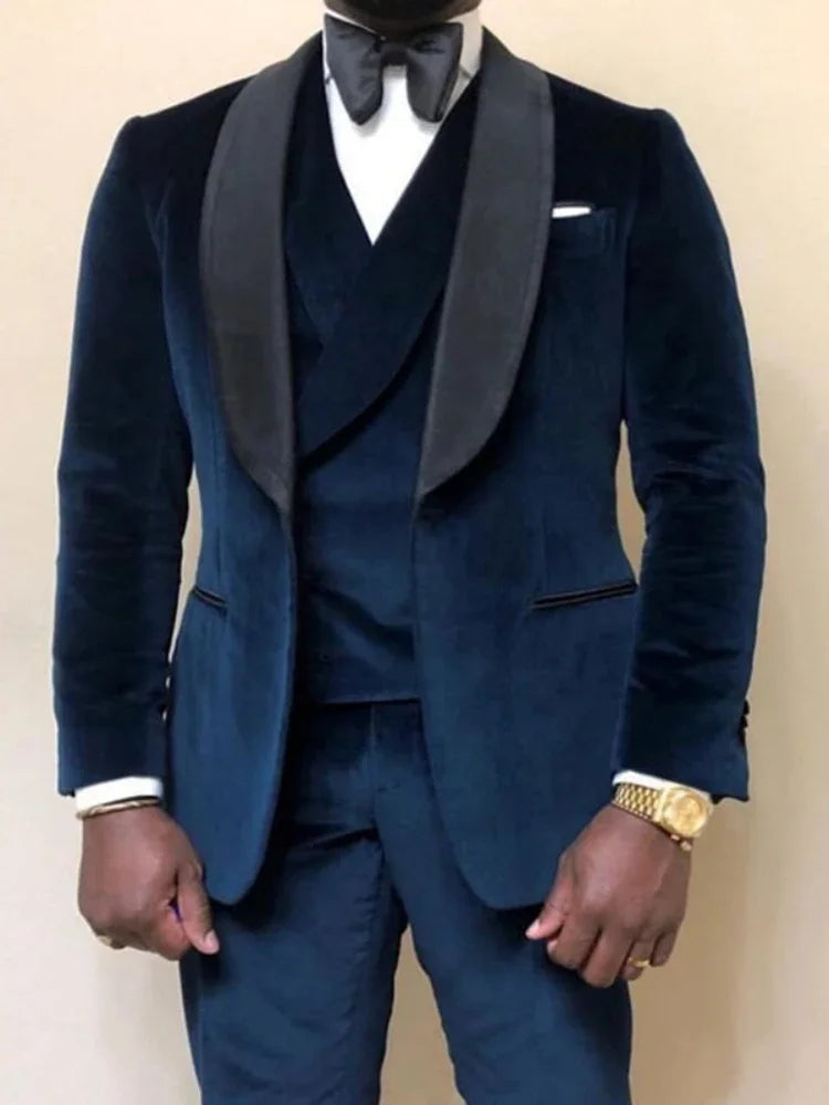 Prom Suits for Men 3 Pcs Wedding Groom Tuxedo African Style Velvet Male Fashion Clothes Set Jacket Vest with Pants 2024