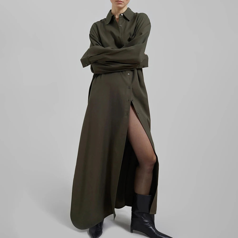 TWOTWINSTYLE Solid Minimalist Split Dresses For Women Lapel Long Sleeve High Waist Patchwork Single Breasted Loose Dress Female