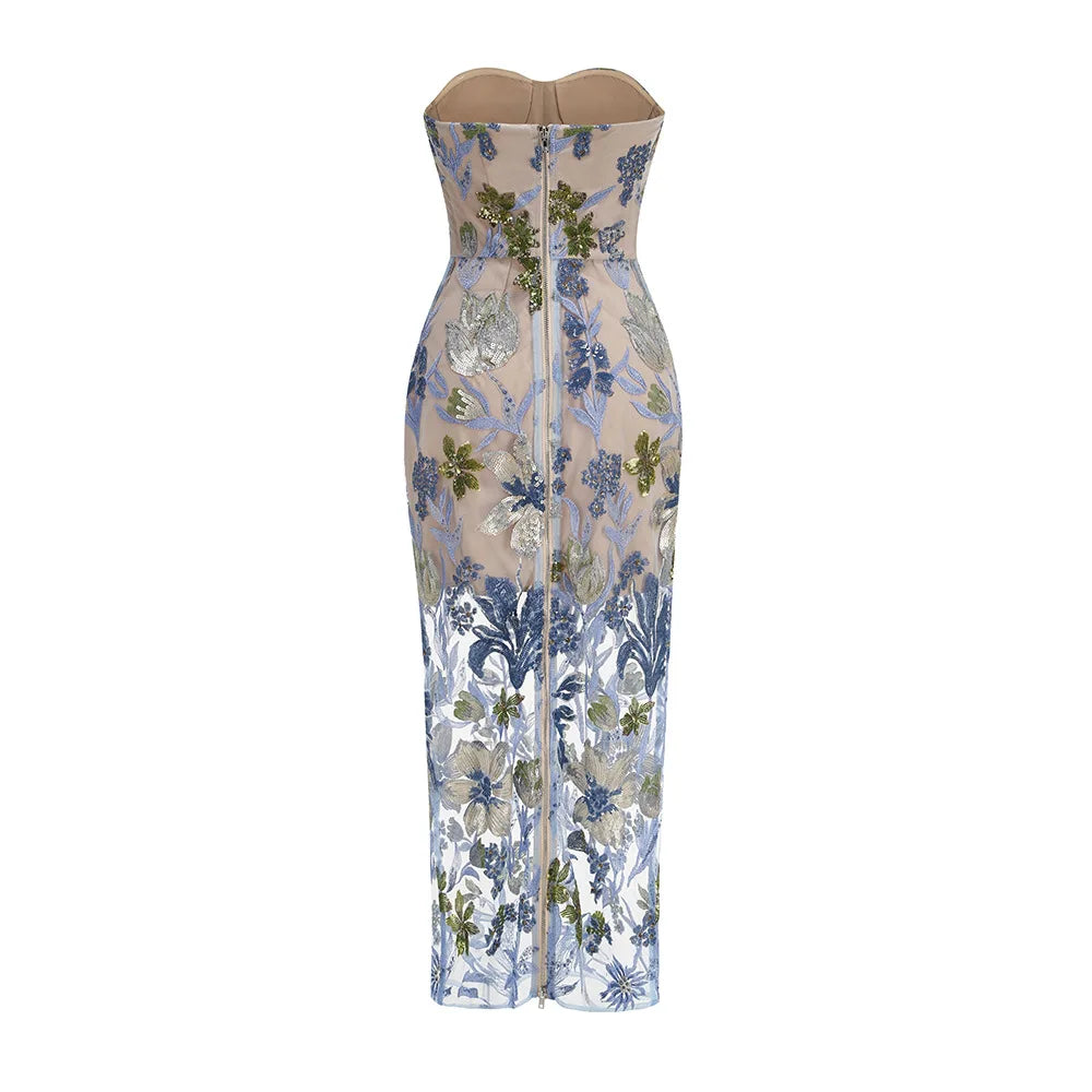 2025 New Fashion Women Sexy Strapless Embroidery Bodycon Long Dress Fashion Celebrate Evening Party Birthday Outfit