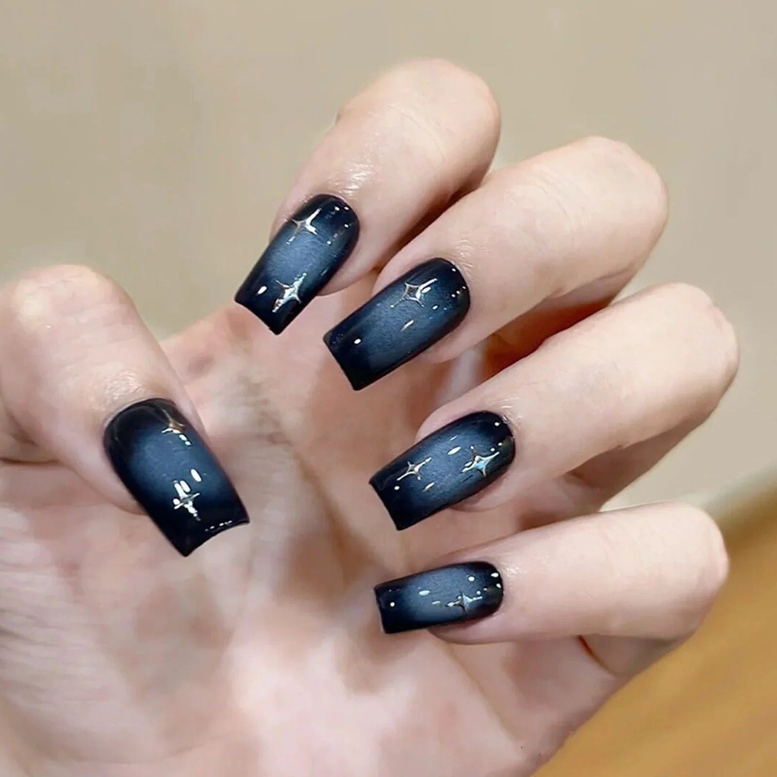 Black Halloween Press on Nails Moon Star Cat Design Short Square Fake Nails Full Cover Acrylic Nail Tips for Women Girls 24Pcs