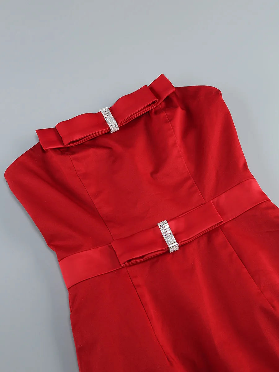 New Arrival Women Sexy Strapless Bow Bodycon Mid-calf Dress Celebrate Birthday Party Date Cocktail Outfit High Quality
