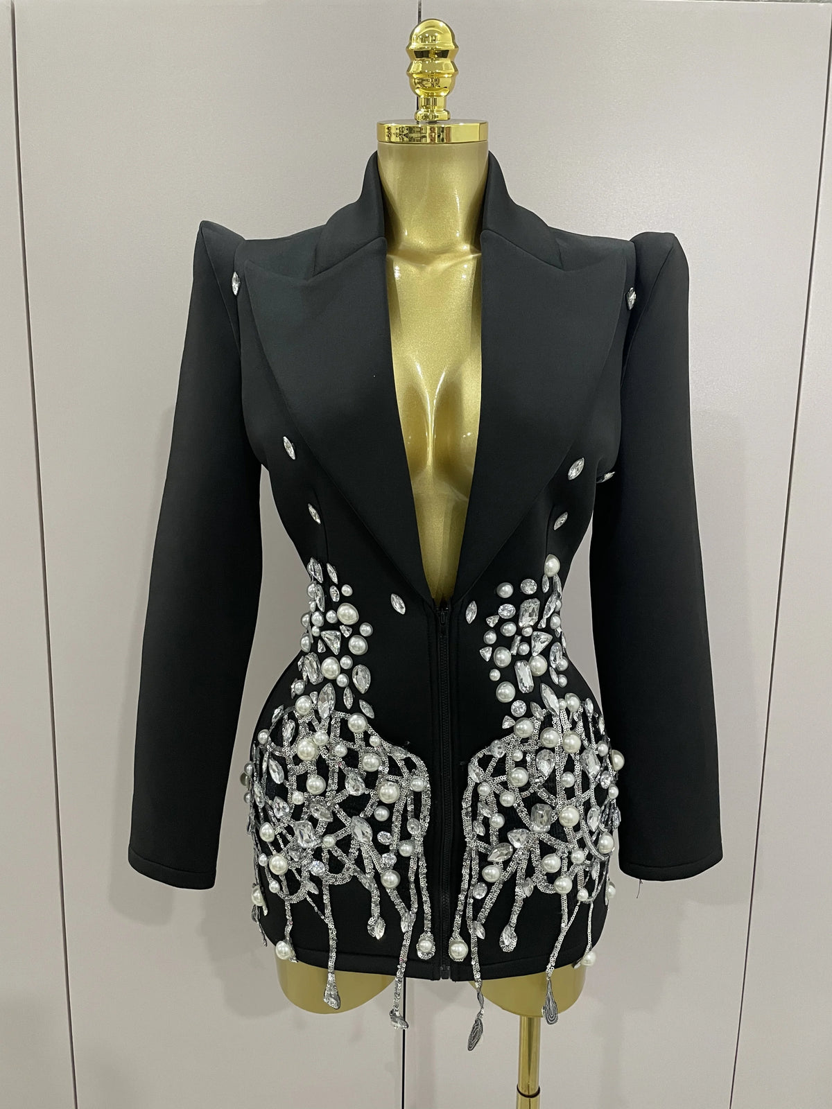 2025 Sparkly Crystal Chains Pearls Long Sleeve Mini Dress Women Birthday Evening Party Nightclub Outfit Singer Wedding Costume