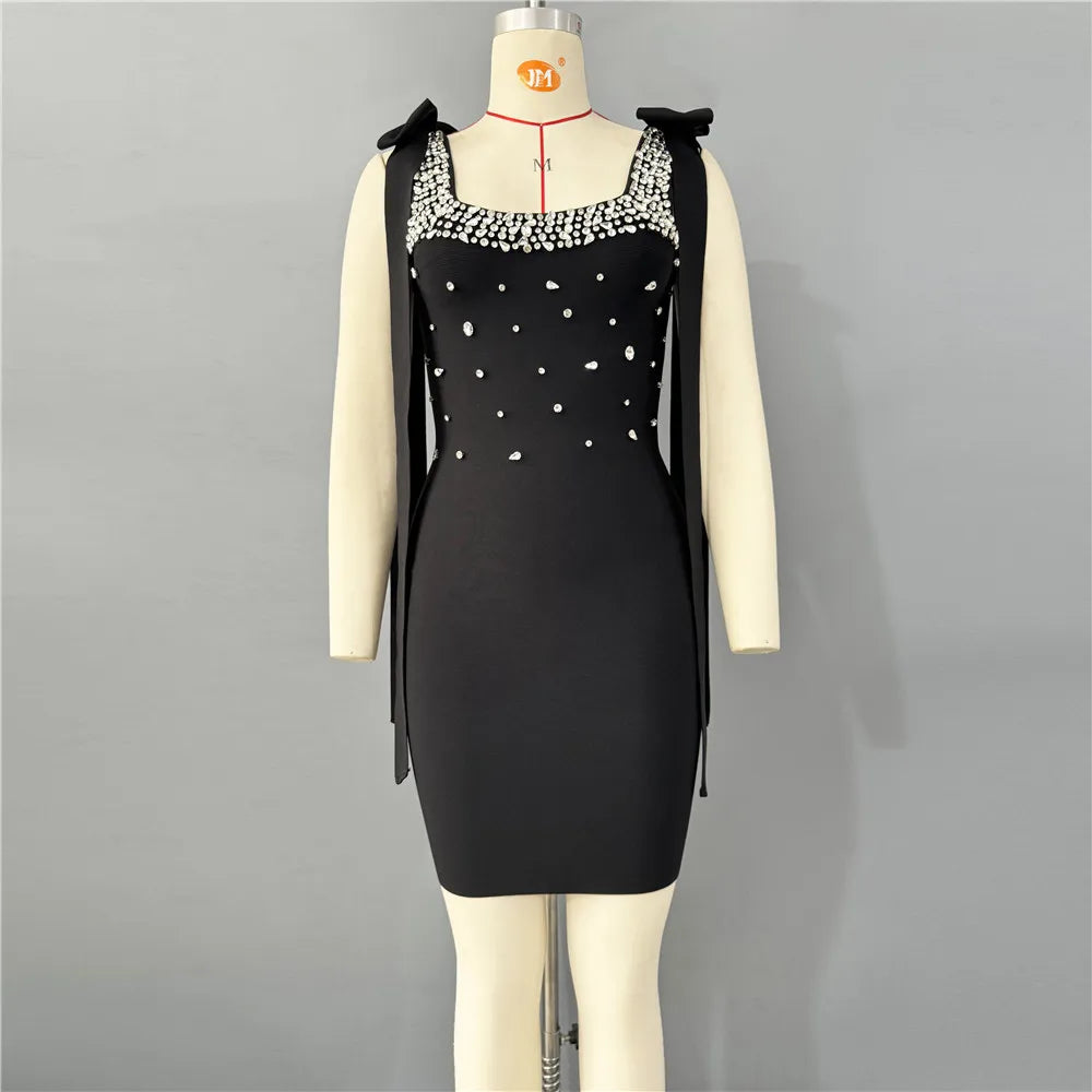Women Celebrity Sexy Tank Diamonds Summer Black Mini Summer Bodycon Bandage Dress 2025 Elegant Evening Club Party Dress
