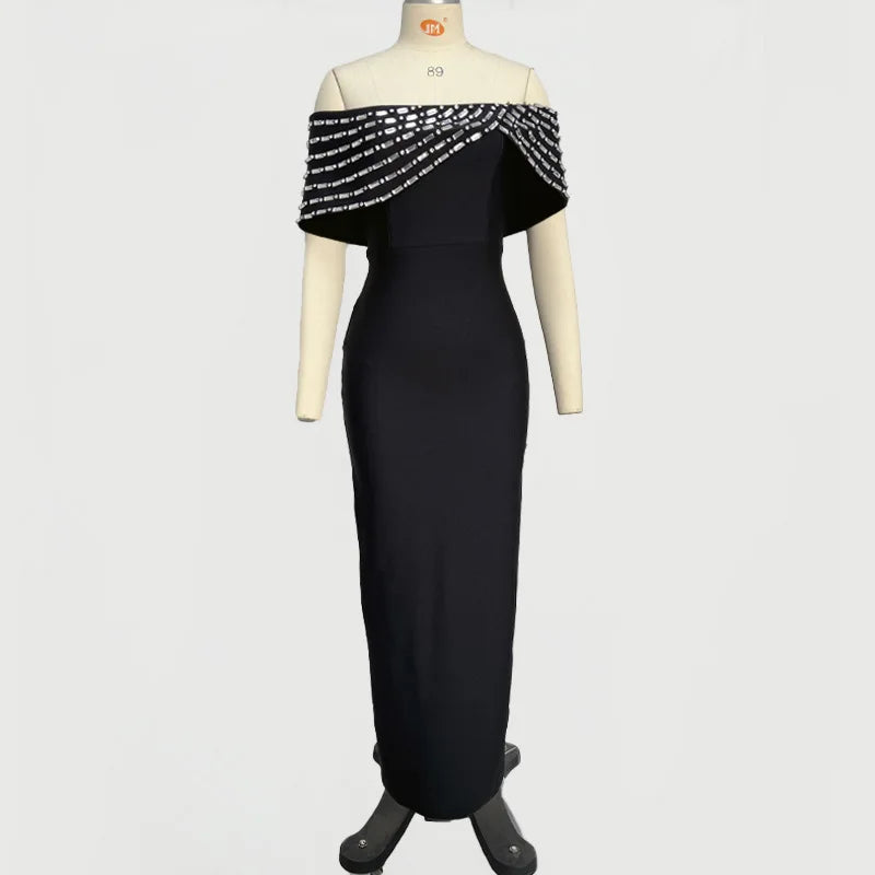 Black Color Women Sexy Slash Neck Shinning Crystal Bodycon Long Bandage Dress Elegant Evening Party Cocktail Red Carpet Dress