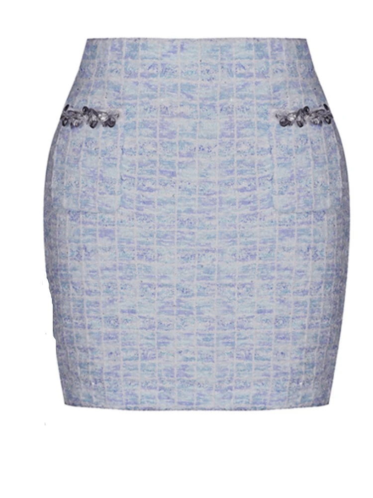 TWOTWINSTYLE Two Piece Sets for Women Round Neck Long Sleeves Spliced Diamonds Top High Waist Patchwork Pockets Skirt Female New