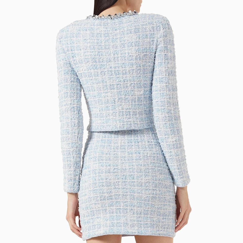 TWOTWINSTYLE Two Piece Sets for Women Round Neck Long Sleeves Spliced Diamonds Top High Waist Patchwork Pockets Skirt Female New