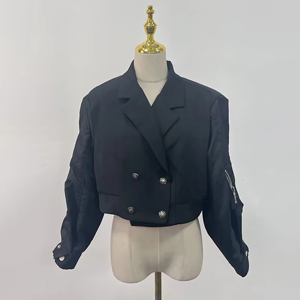 TWOTWINSTYLE Colorblock Casual Jacket For Women Notched Collar Long Sleeve Patchwork Button Chic Loose Coat Female Fashion Style