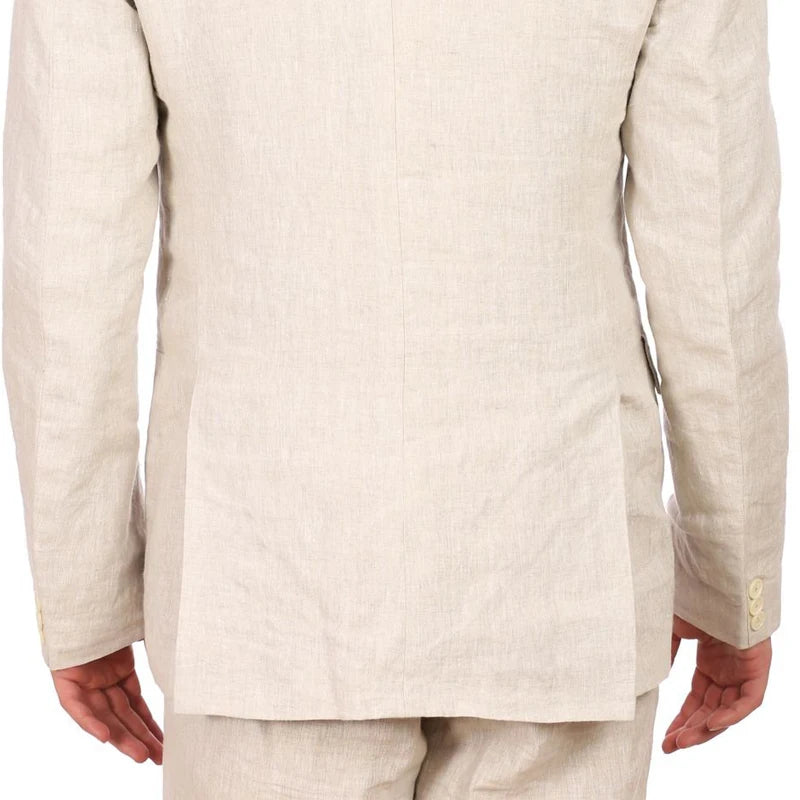 Beige linnen mannen pakken voor prom 2 stuks zomer bruidegom smoking met ingekeed revers aangepaste man modedeksten set blazer met broek