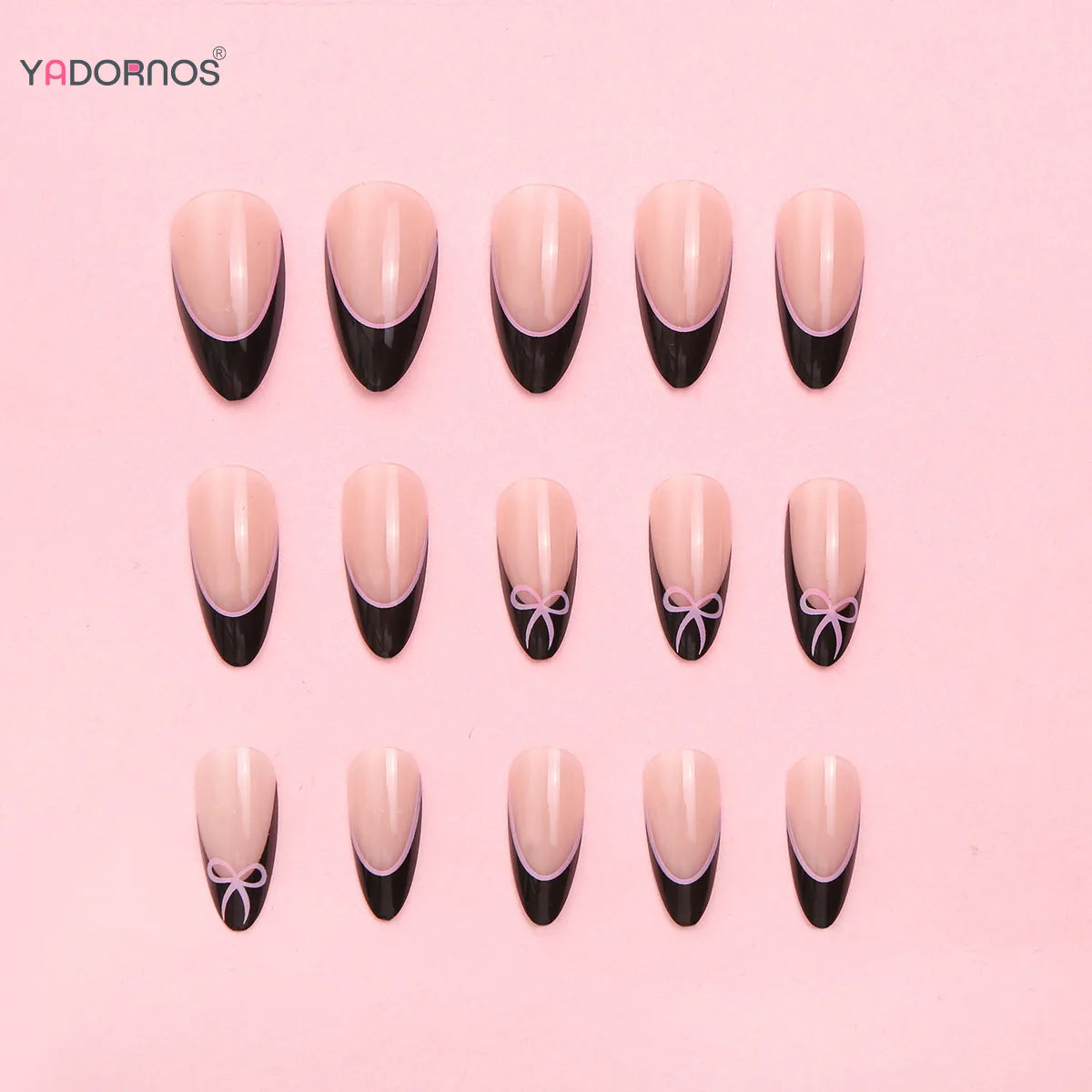 Nude Color False Nails Black French Style Press on Nails Simple Pink Bowknot Pattern Women Girls Charms Fake Nails 24Pcs