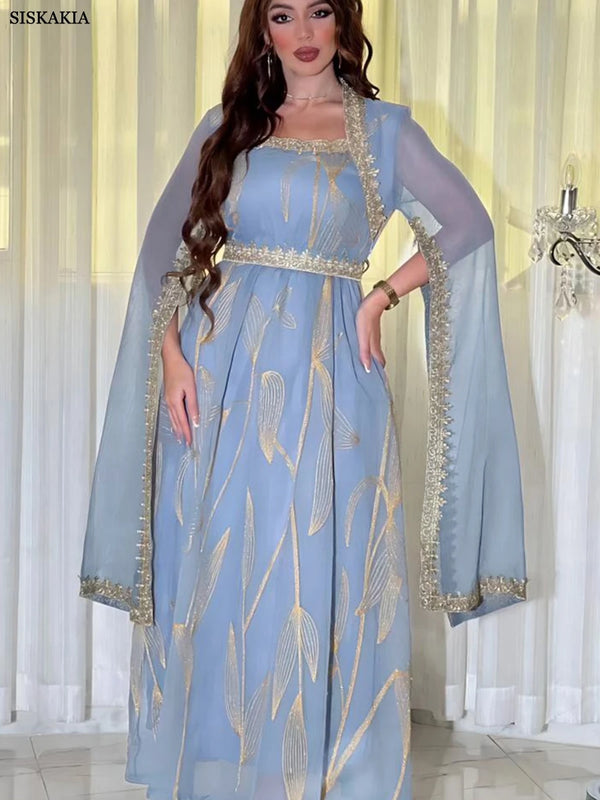 Dubai Abayas For Women Turkish Fashion Belted Kaftan Outfits Jalabiya Evening Gown Ramadan Eid Muslim Femme Floral Gold Stamping