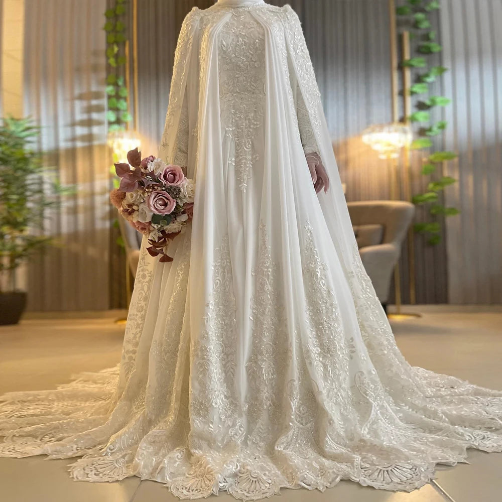 Vestido De novia musulmán De encaje De gasa con capa De manga larga Hijab Vestidos De novia islámicos De cuello alto Vestidos De Fiesta árabes