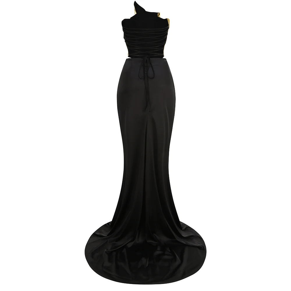 2024 New Fashion Gold Color Laced-up Tops 2 Pieces Bodycon Floor-length Dress Elegant Evening Party Celebrate Dress Vestido