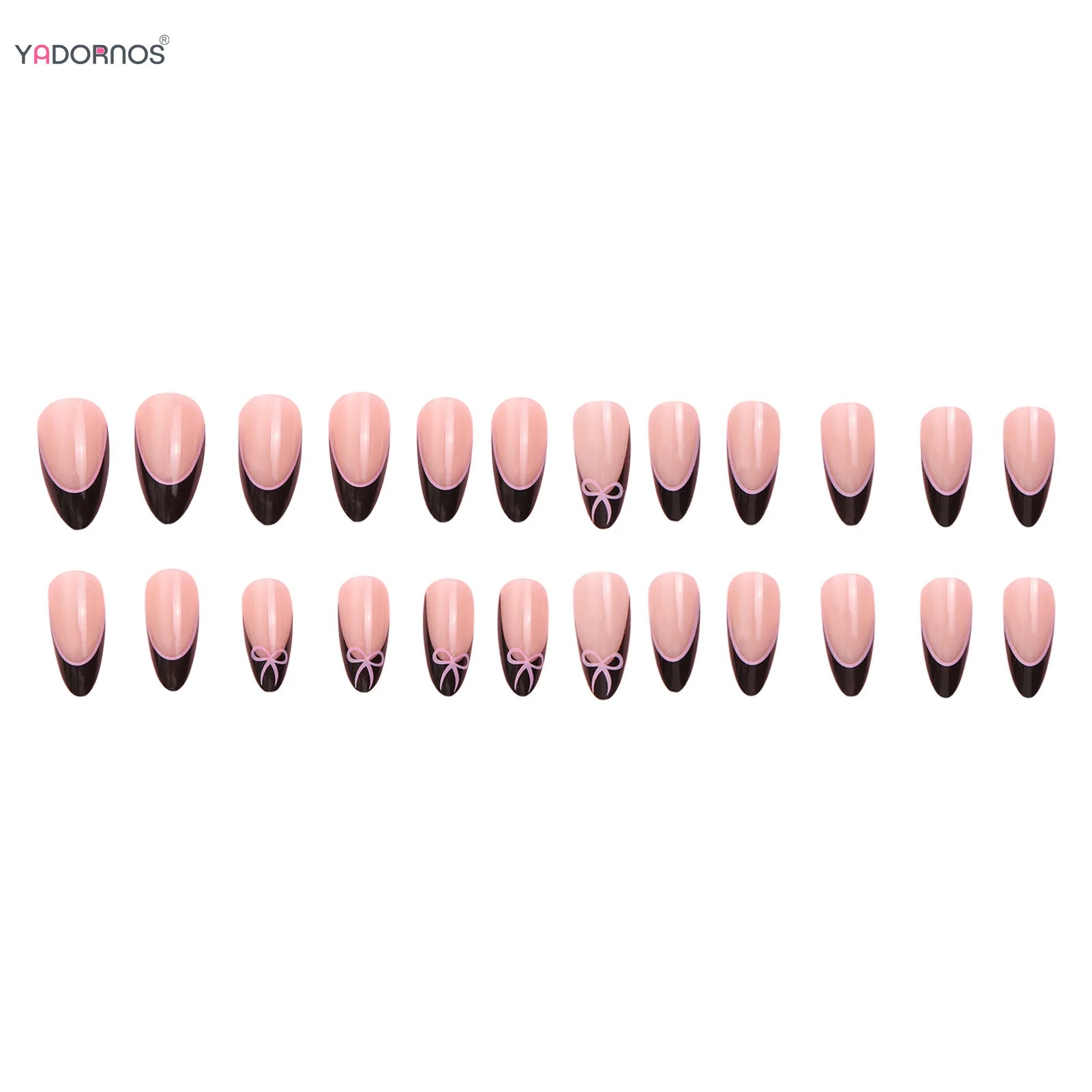 Nude Color False Nails Black French Style Press on Nails Simple Pink Bowknot Pattern Women Girls Charms Fake Nails 24Pcs