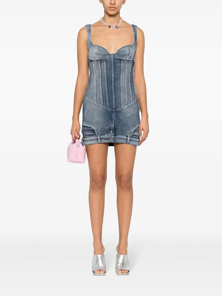 TWOTWINSTYLE Slimming Chic Denim Dresses For Women Square Collar Sleeveless High Waist Backless Mini Dress Female Fashion New