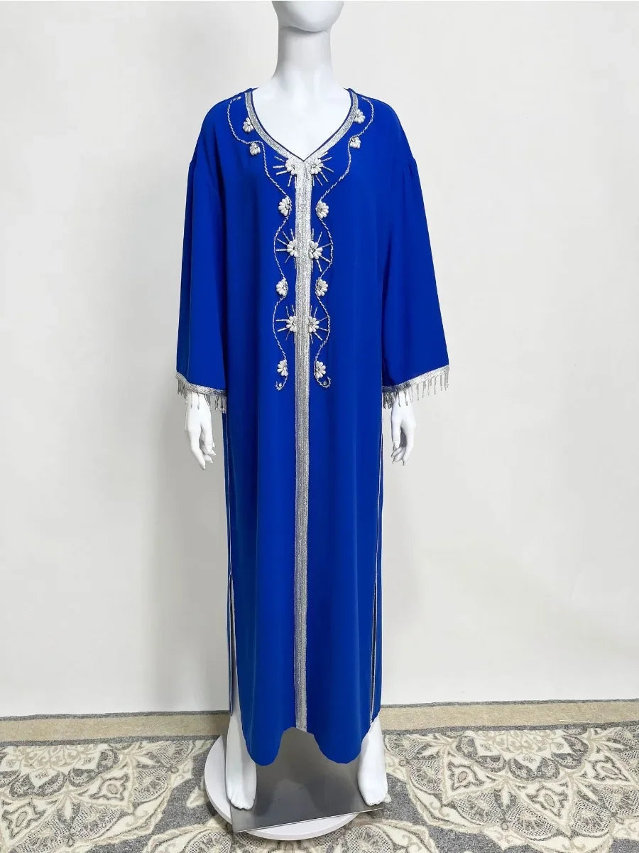 Sukienka muzułmańska 2023 Pure Handwork Rhinestone z koraliki Chic Tassel pełny rękaw V-dół Abayas dla marokańskich kobiet