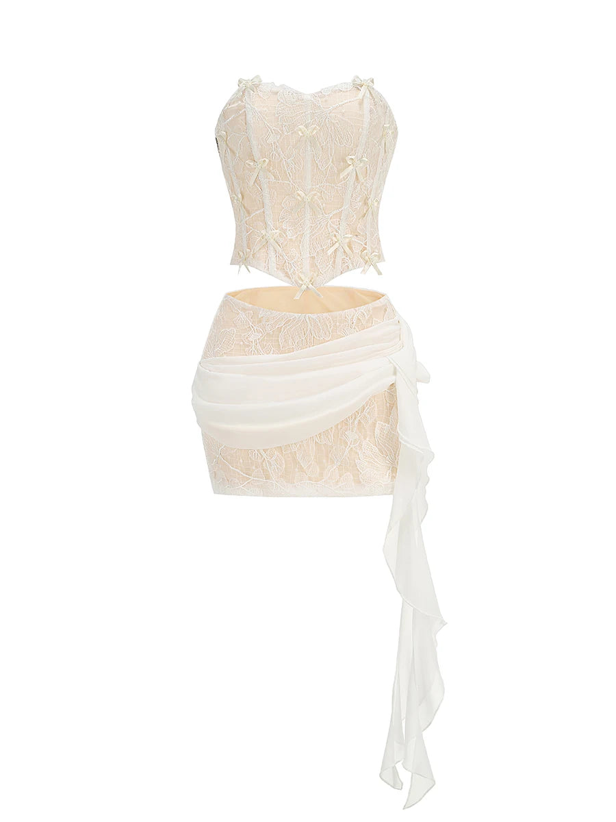 2024 New Fashion White Color Women Sexy Strapless 2 Pieces Bodycon Lace Draped Mini Dress Birthday Party Girls' Date Outfit