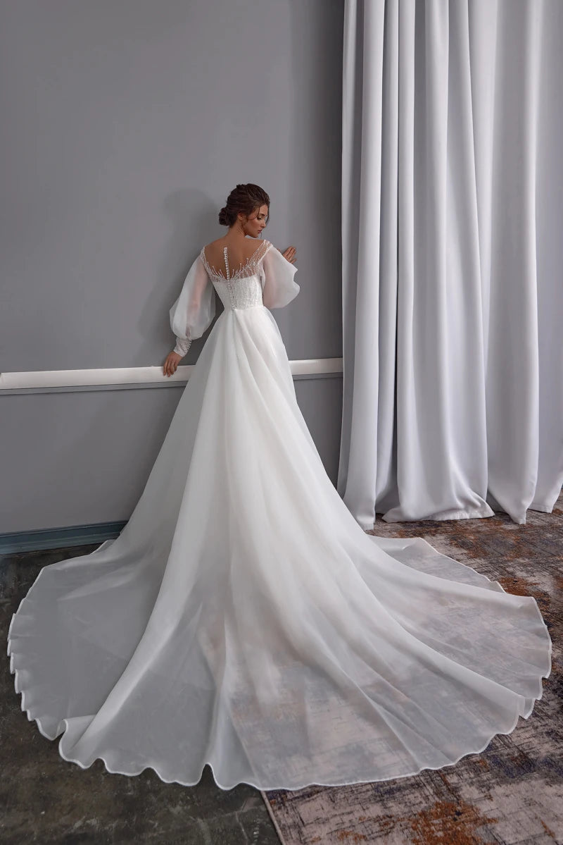 Robe de mariée princesse à manches longues bouffantes, ligne a en Organza avec des Appliques en dentelle pour femmes, bouton au dos, longue piste, robes de mariée magnifiques