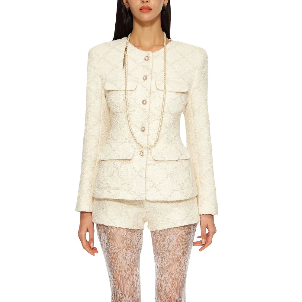 TWOTWINSTYLE Solid Temperament Two Piece Sets For Women O Neck Long Sleeve Coat High Waist Shorts Elegant Set Female Fashion New