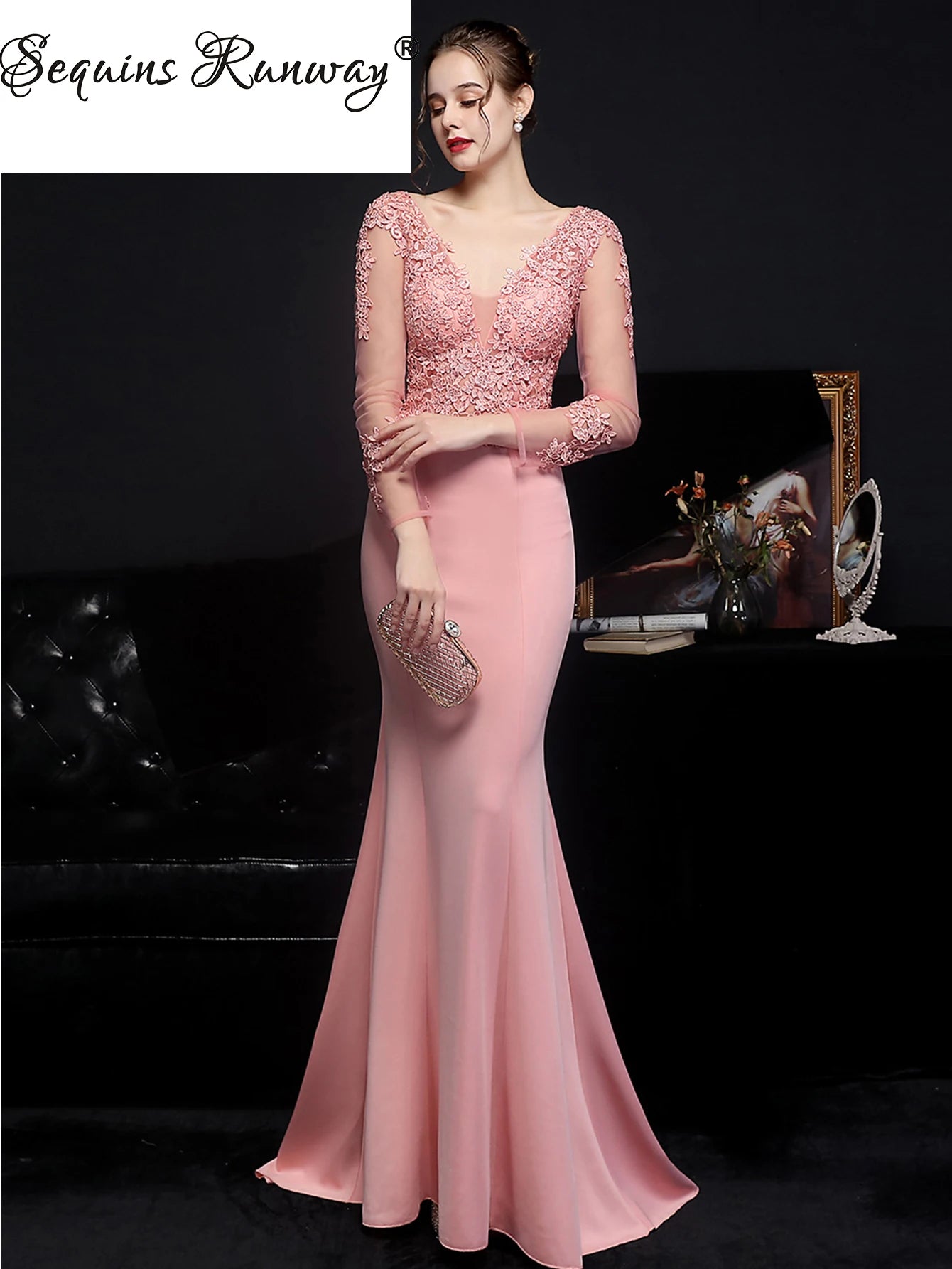 Sexy see through lace maxi summer dresses for women luxury wedding party dress elegant prom long sleeve evening dresses vestido