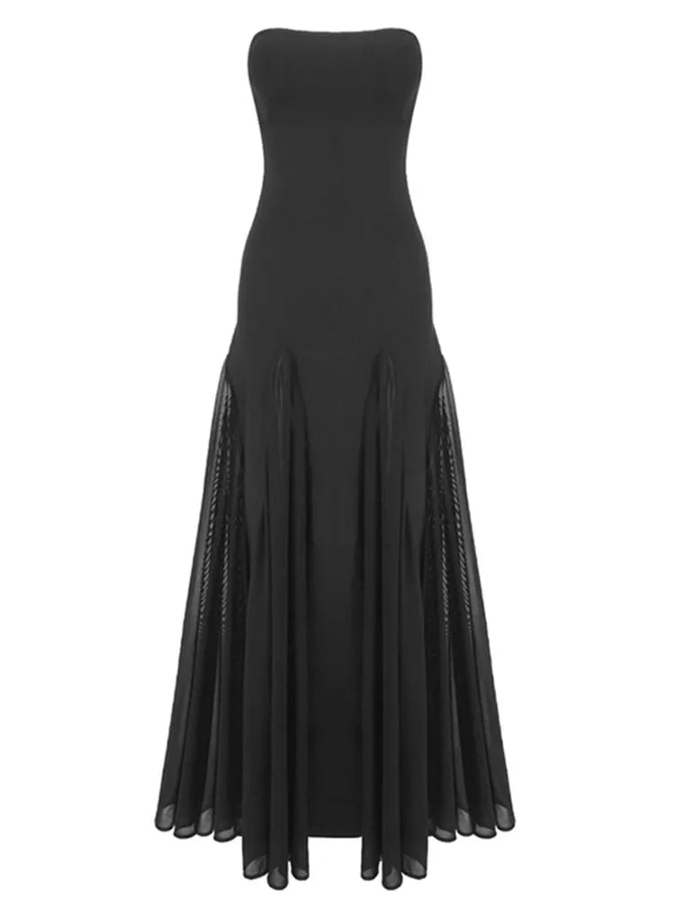 Women Celebrity Sexy Strapless Backless Mesh Maxi Long Bodycon Bandage Dress 2025 Elegant Evening Club Party Outfit